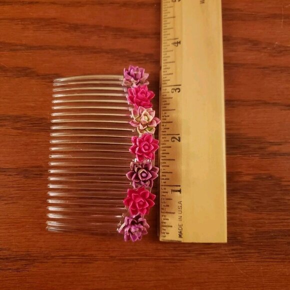 Hair Combs Barrettes Pink Floral Flowers Vintage Set Of 2 - Picture 3 of 4